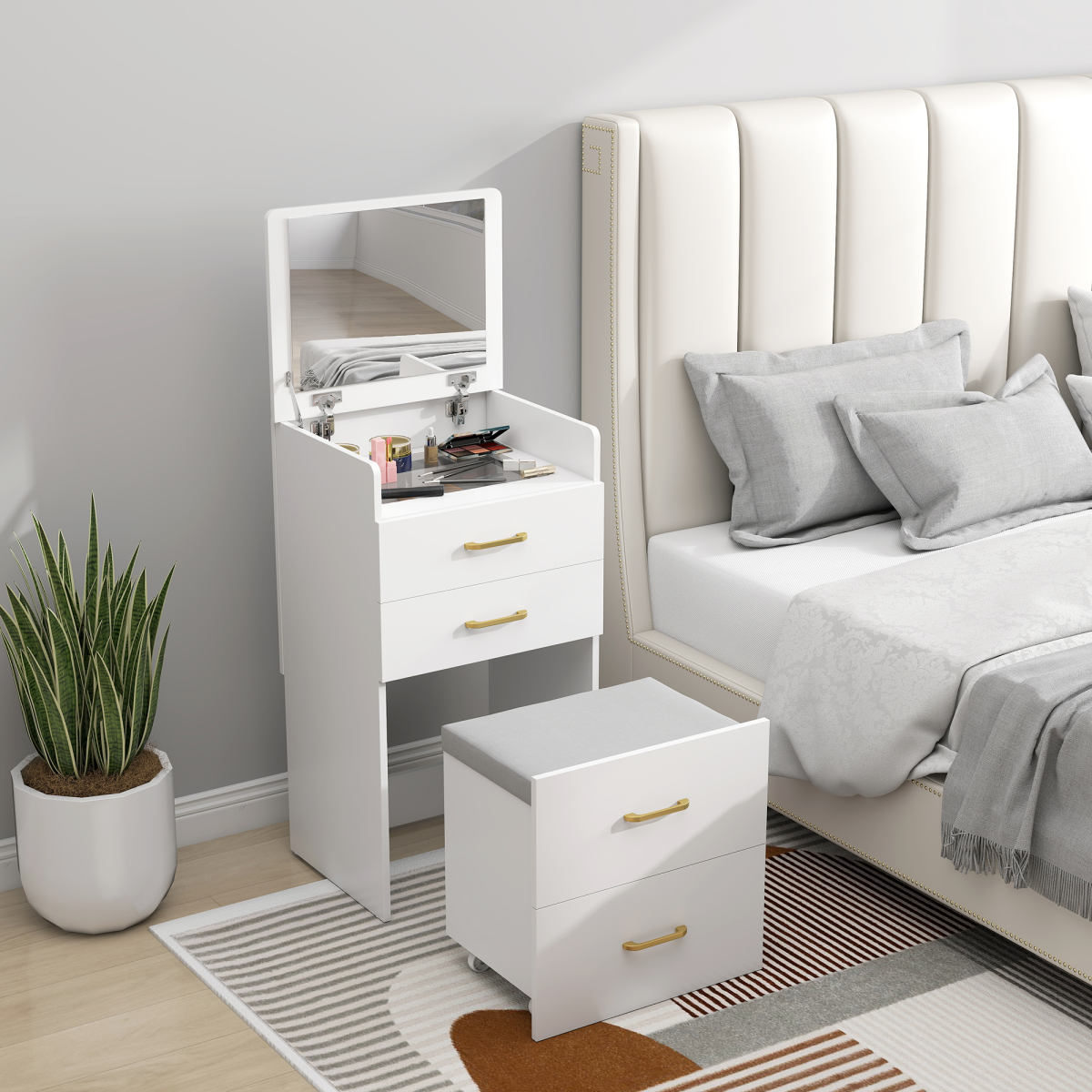 Versatile 3-in-1 Vanity Desk with Mirror & Cushioned Stool