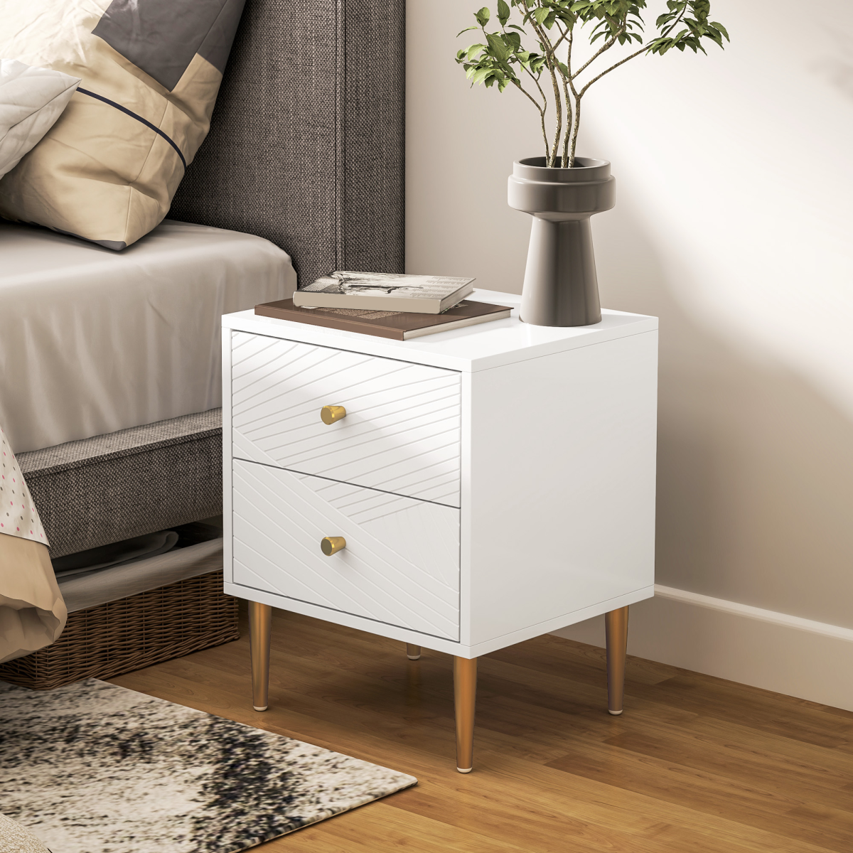 Chic White Nightstand with Gold Handles & Ample Drawer Storage