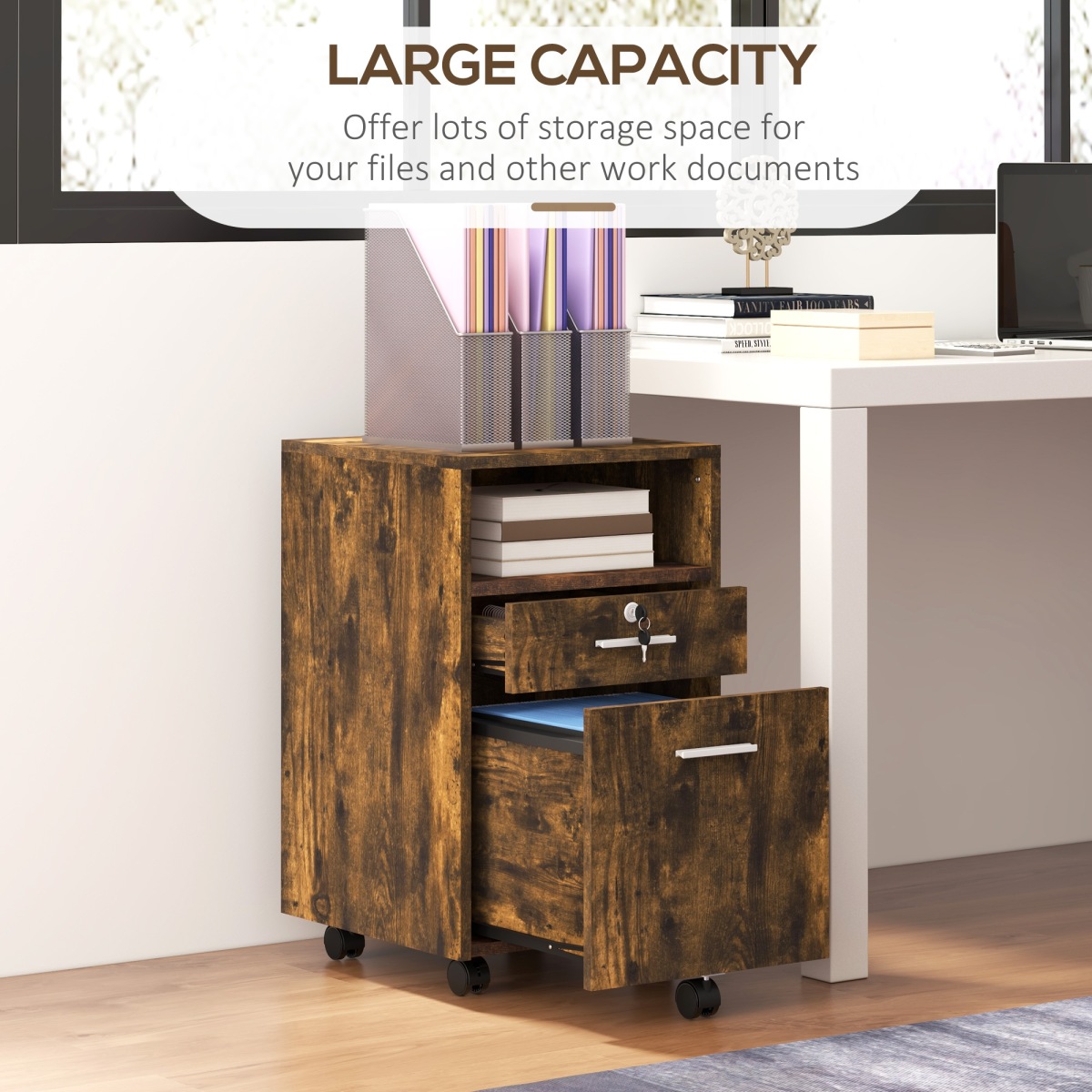 Vinsetto Rustic Brown Mobile File Cabinet: Lockable, 5 Wheels & Stylish Storage