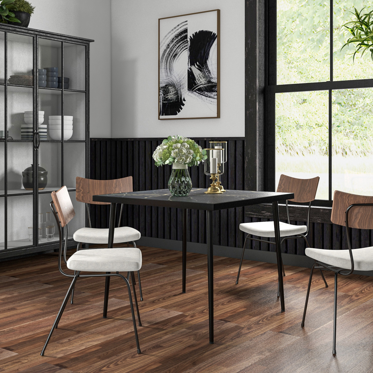 4-Person Outdoor Dining Table with Marble-Effect Tempered Glass, Black