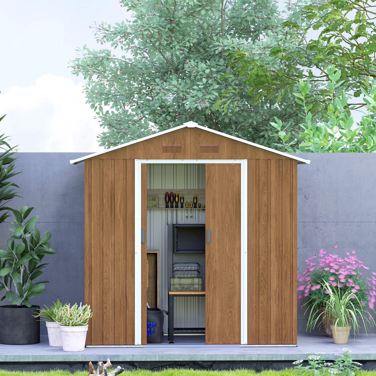 6.5x3.5ft Brown Wood-Effect Metal Garden Shed with Lockable Door