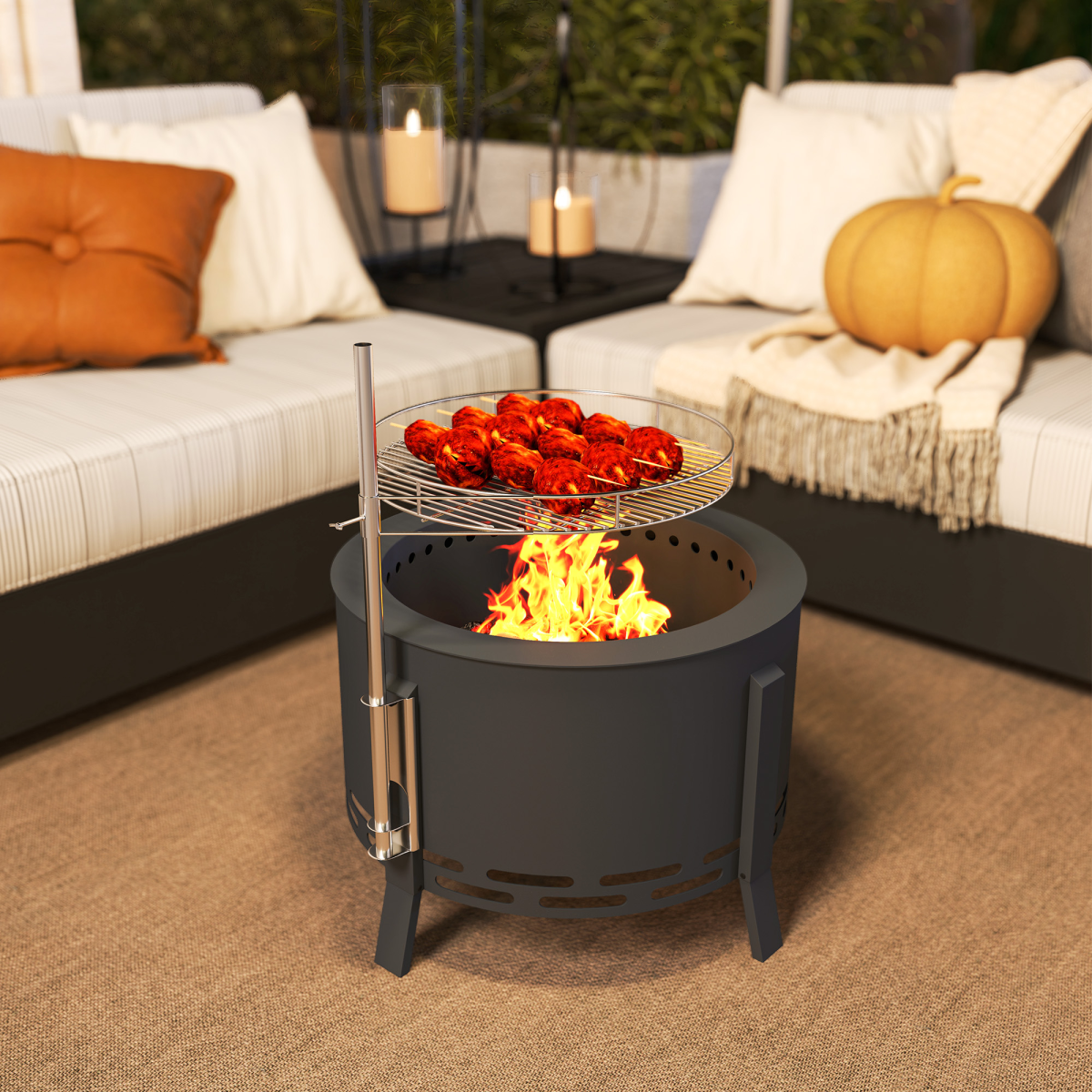 58cm Round Portable Fire Pit & Grill - Durable Black Steel Design