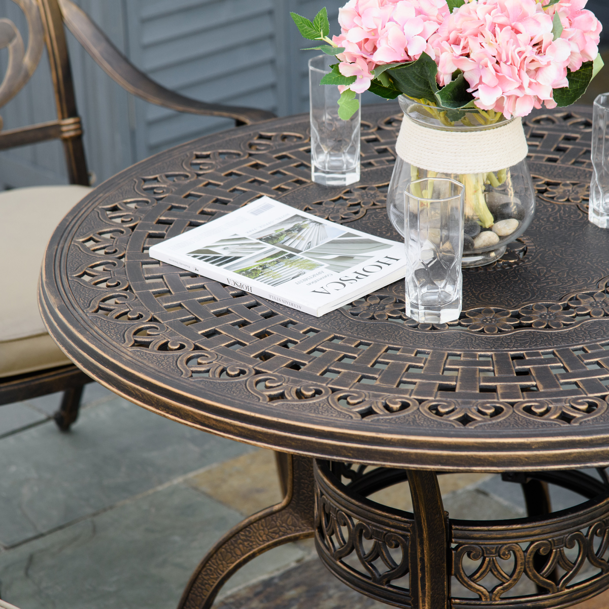 Bronze 4-Seater Round Outdoor Dining Set with Cushions & Parasol Hole