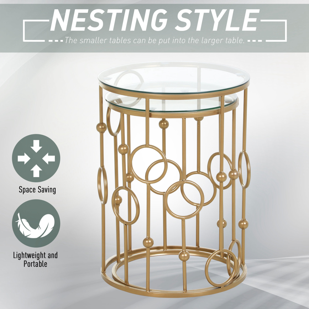 Gold Nesting Coffee Tables (Set of 2) with Tempered Glass Tops