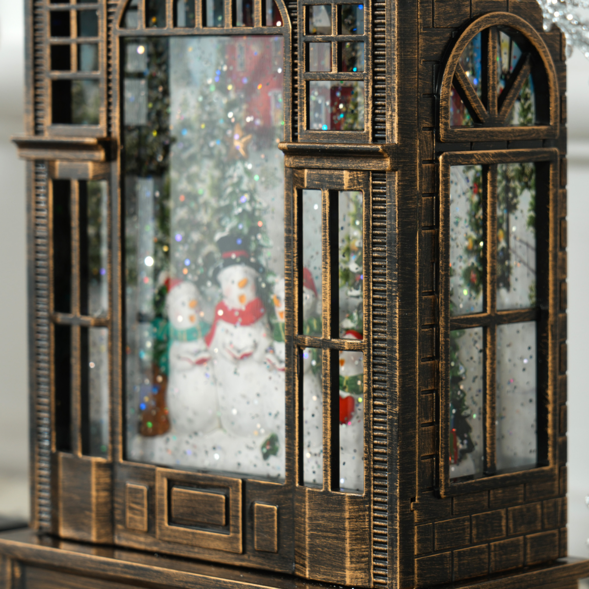 Christmas Snow Globe Lantern with Lights - Bronze Tone