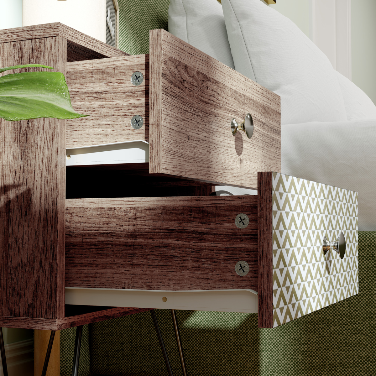 Elegant Boho Bedside Table with Storage - Stylish Wood Grain & Hairpin Legs