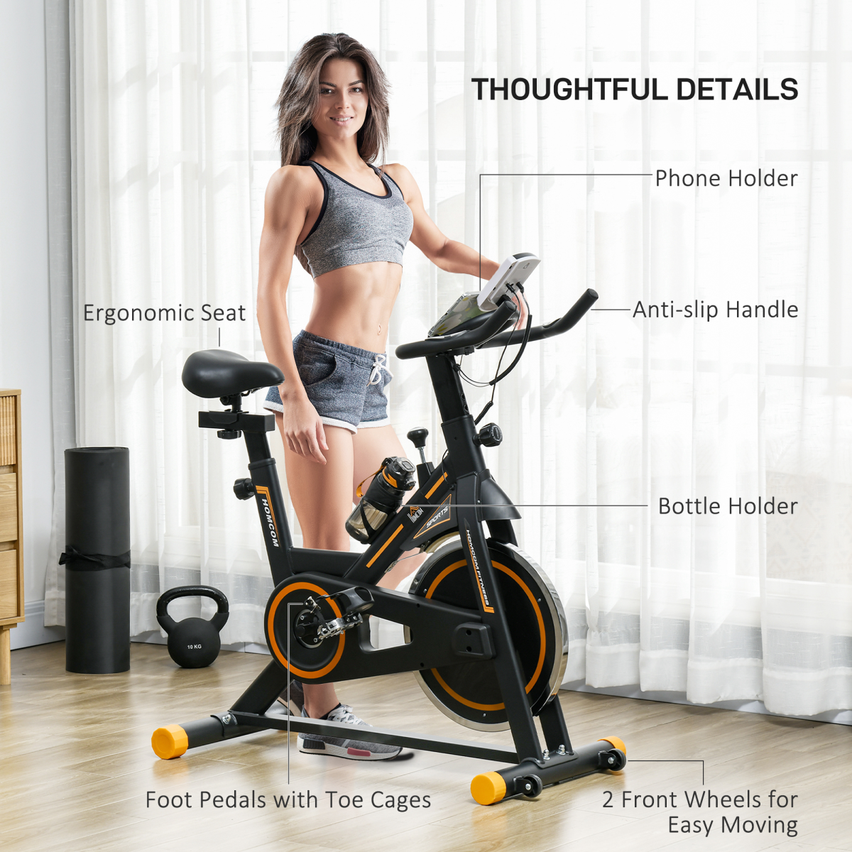 Indoor Cycling Bike: LCD Display, Heart Rate Sensor, Orange Power
