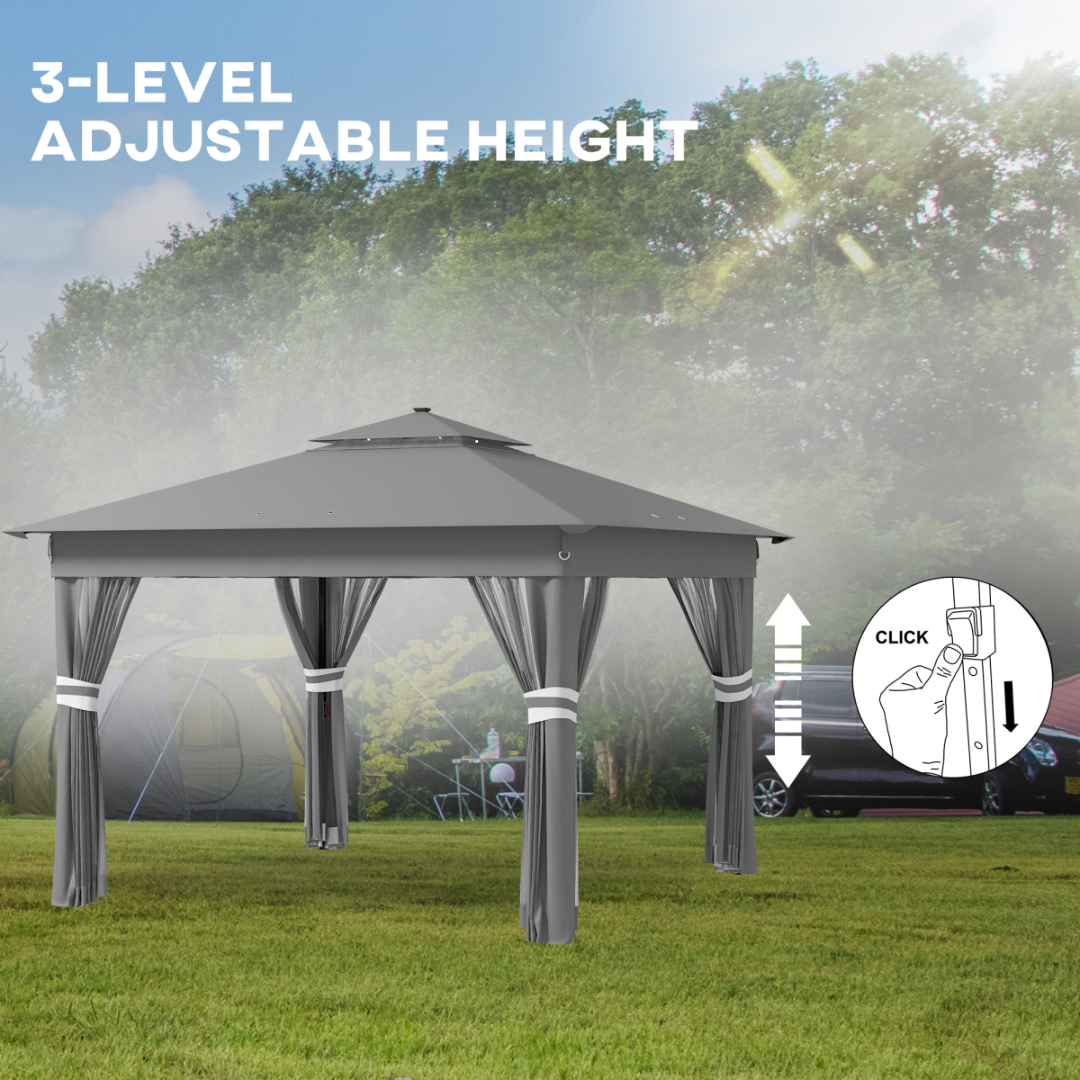3x3m Pop-Up Gazebo with Solar LED Lights and Curtain Netting - Grey