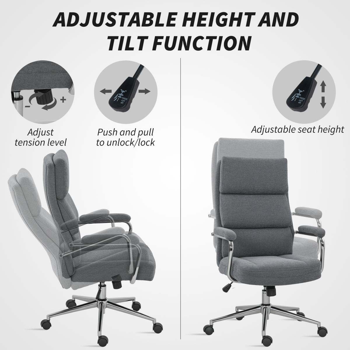 Ergonomic Charcoal Grey Linen Office Desk Chair with Tilt & Supportive Cushion