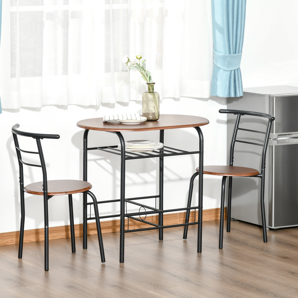 MDF 2-Seater Bar Table Set with Bottle Storage, Oak Wood Tone