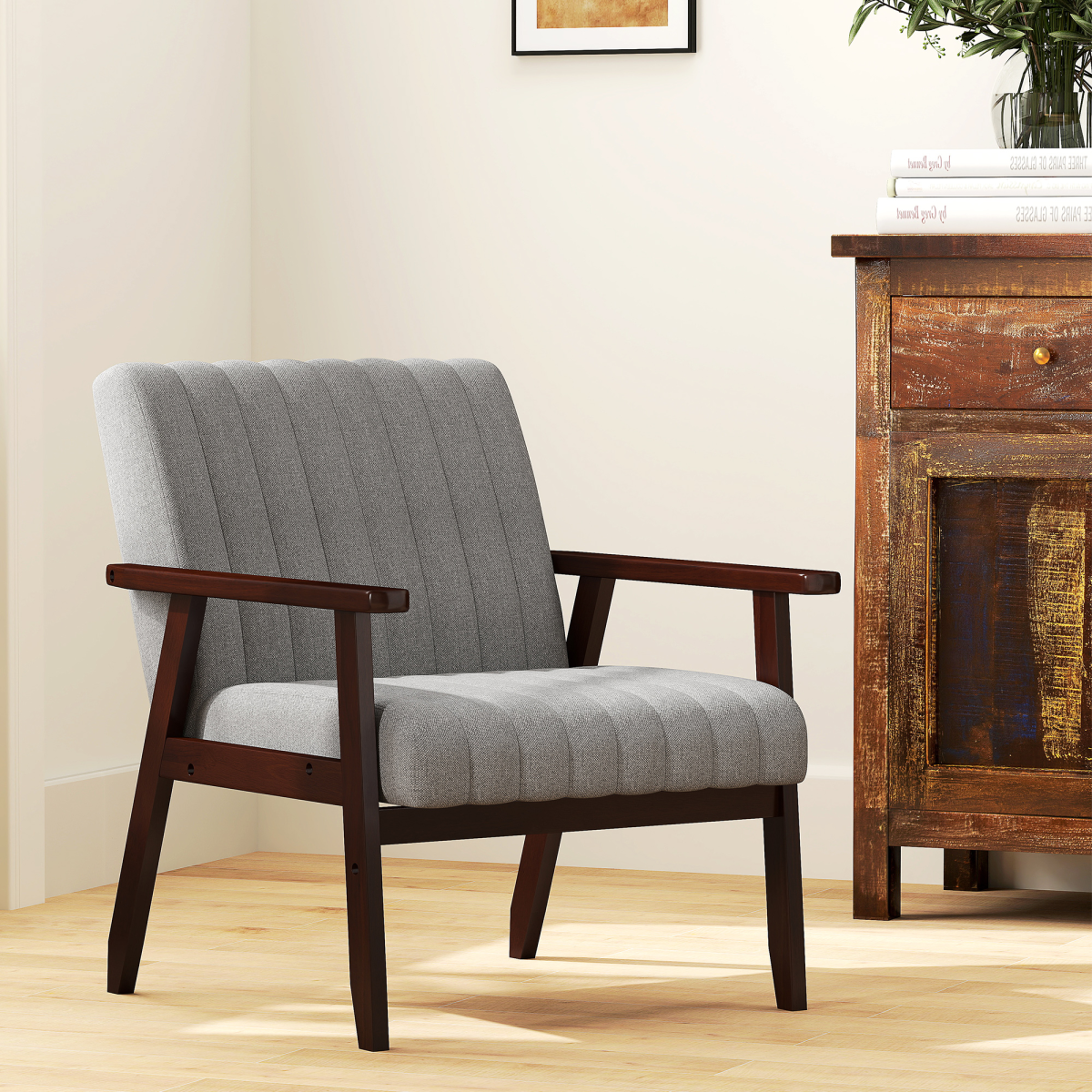 Modern Linen-Feel Upholstered Accent Chair, Grey & Brown