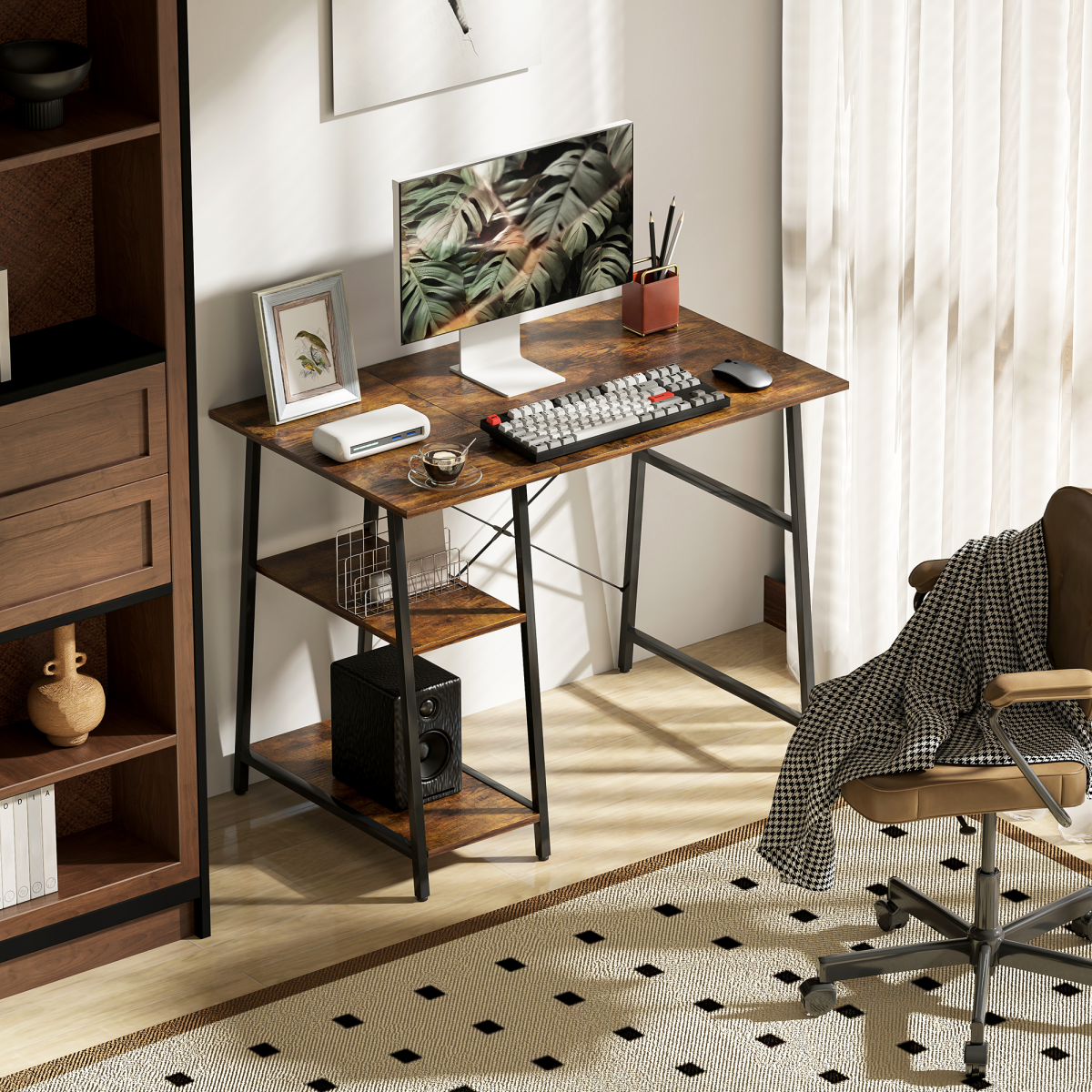 Rustic Industrial Computer Desk with Shelves & Sturdy Steel Frame