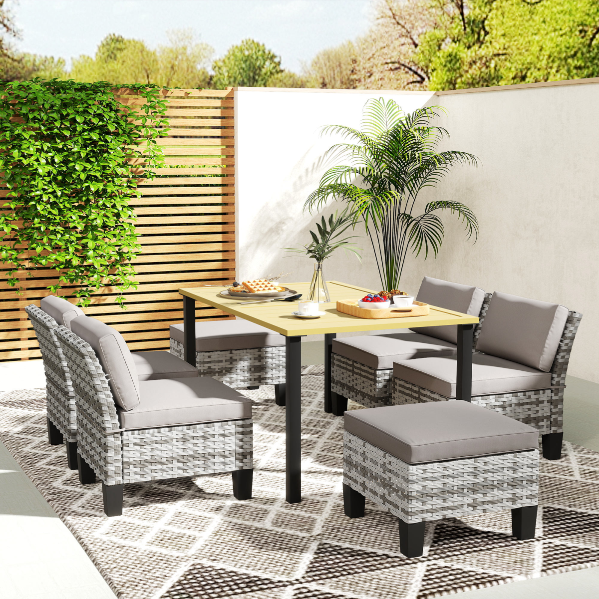 7-Piece Grey Rattan Garden Dining Set with Cushions & Umbrella Hole