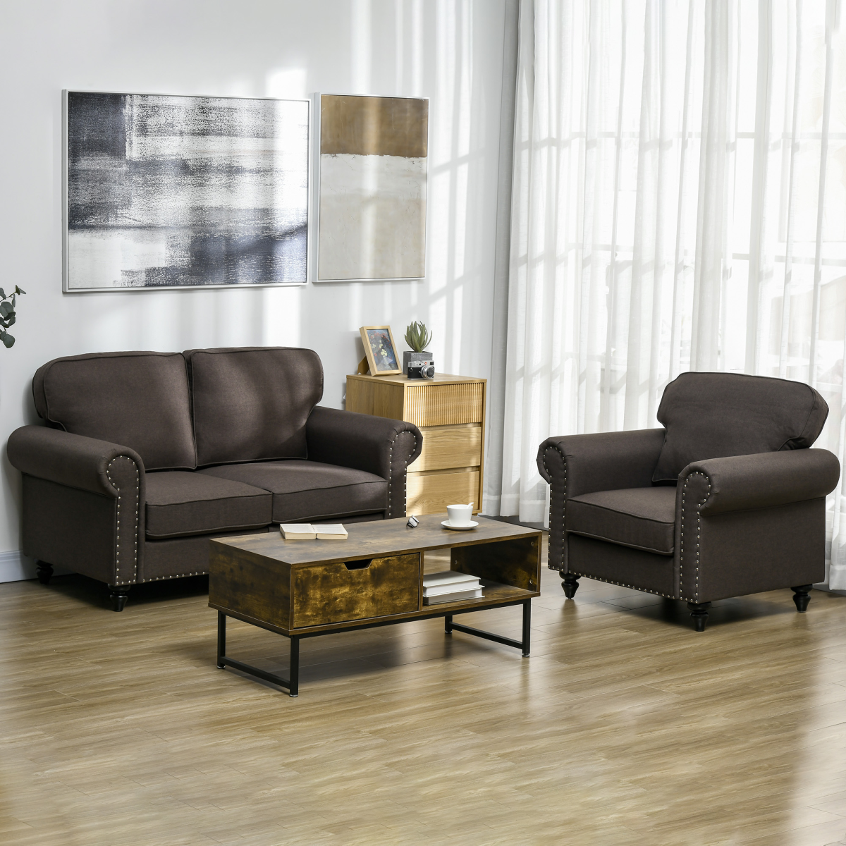 2-Seater Sofa with Nailhead Trim – Dark Brown, Mid-Century Style