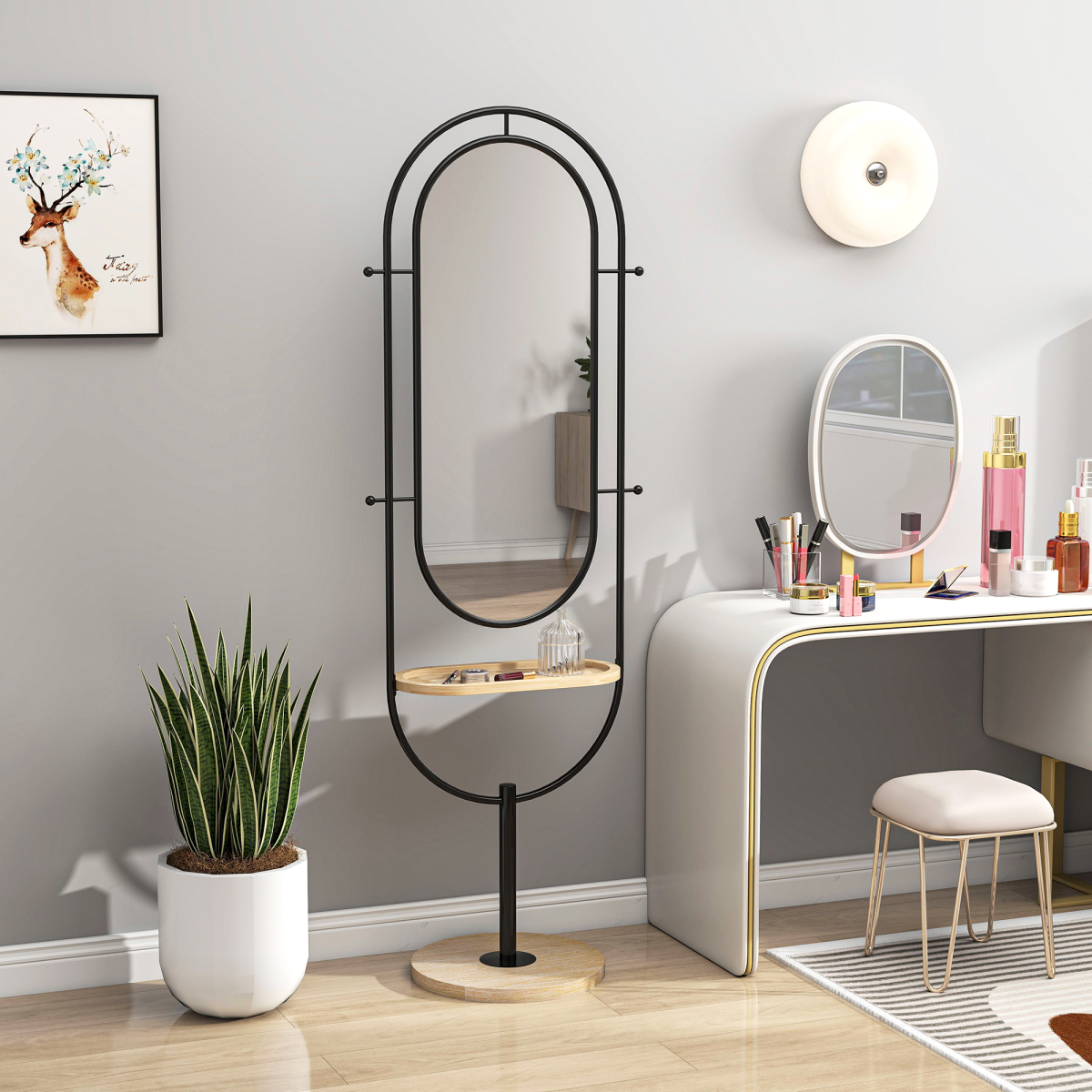 Elegant Freestanding Full Length Mirror with Tray & Hooks - Black