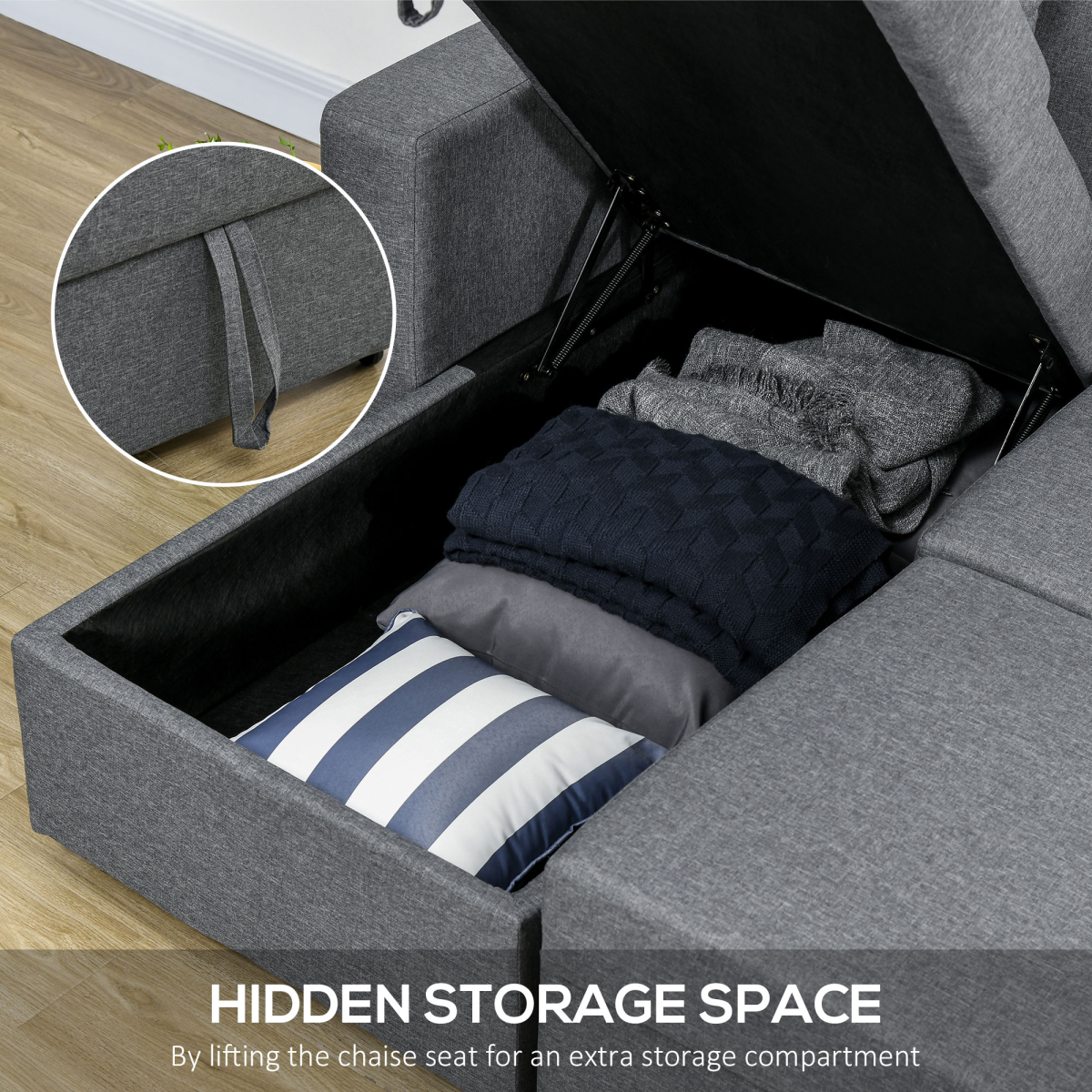 Corner Sofa Bed with Storage, 3-Seater Pull-Out, Dark Grey