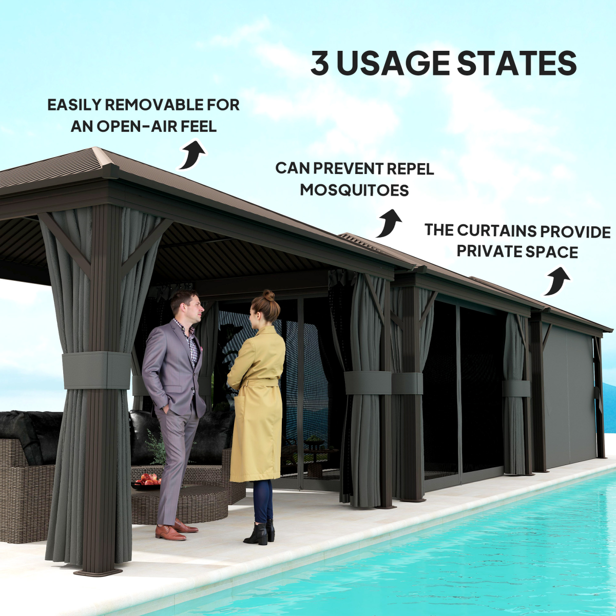 3.6x3m Metal Gazebo with Hardtop & Screened Curtains, Dark Grey