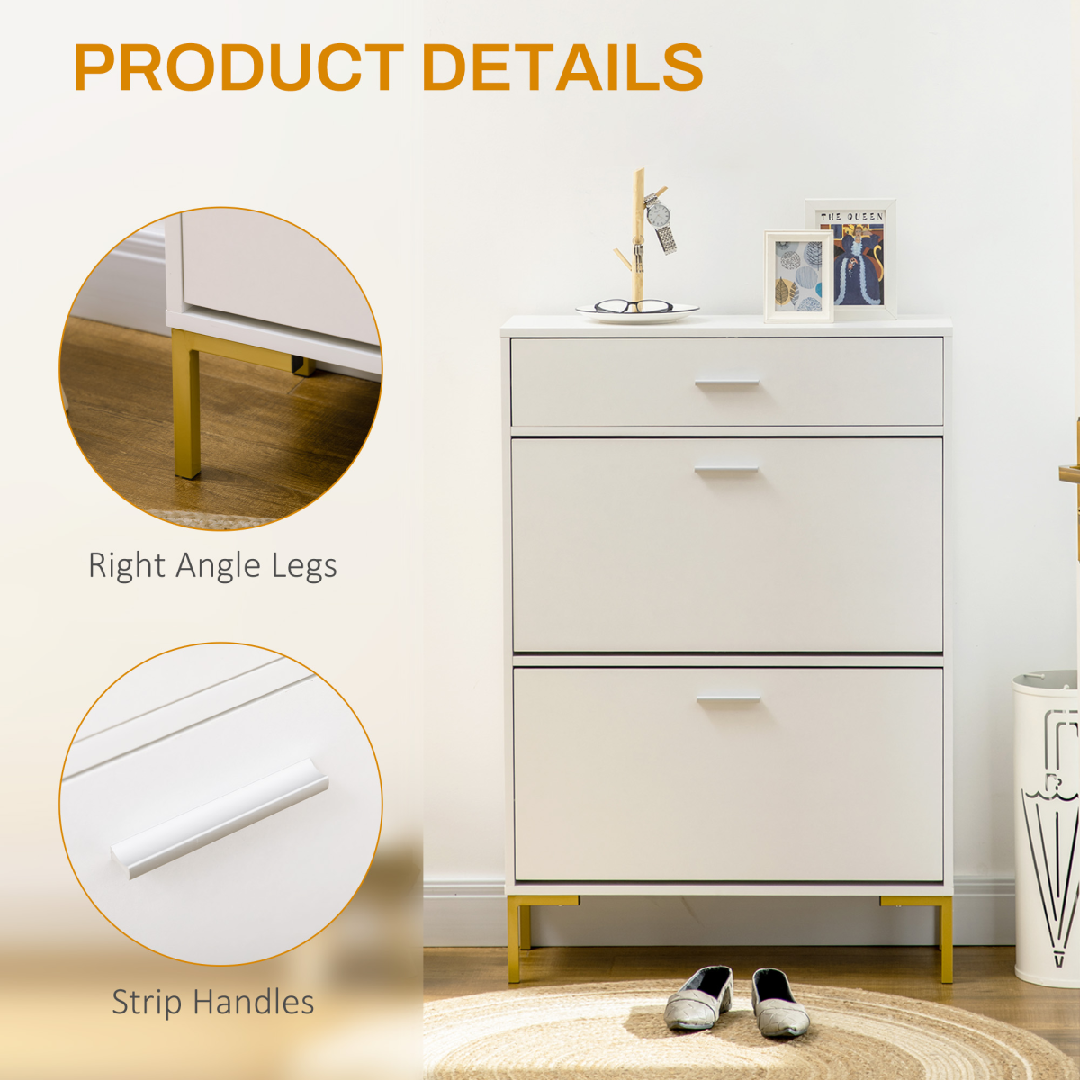 Chic 12-Pair Shoe Storage Cabinet with Flip Drawers & Elegant Gold Accents