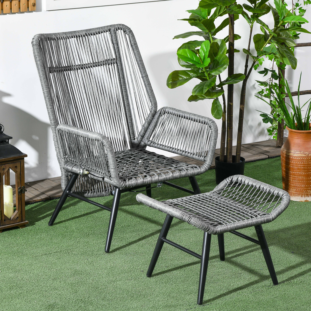 Garden Rattan Chair Set with Adjustable Backrest and Footrest Grey