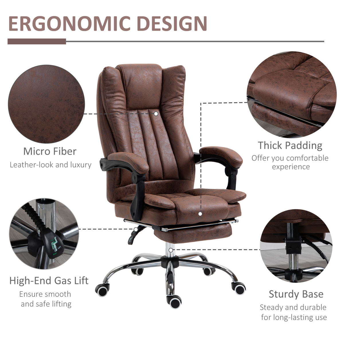Executive Office Chair with Footrest and Armrests - Brown