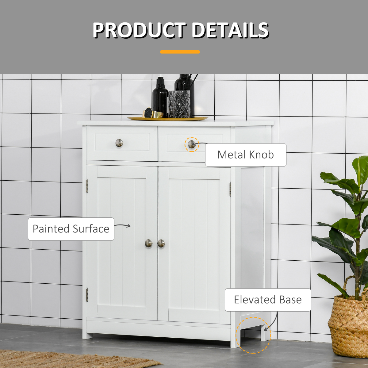 Elegant White Bathroom Storage Cabinet with Drawers & Cupboard - Sleek & Durable
