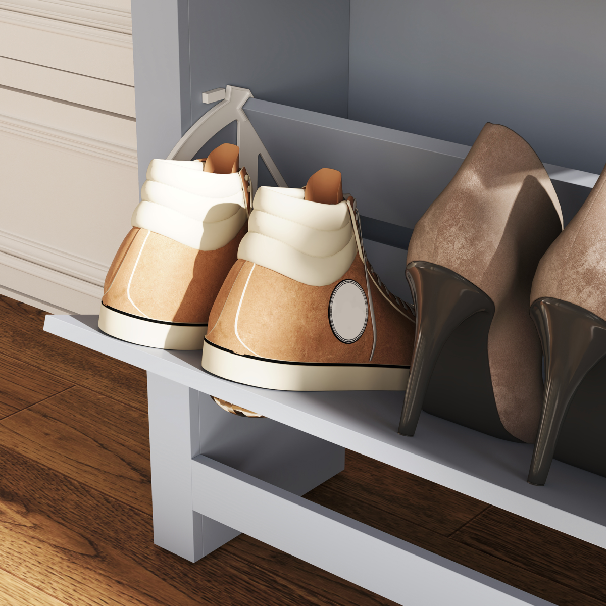 Stylish 2-Drawer Shoe Cabinet with Flip Doors - Space-Saving Grey Design