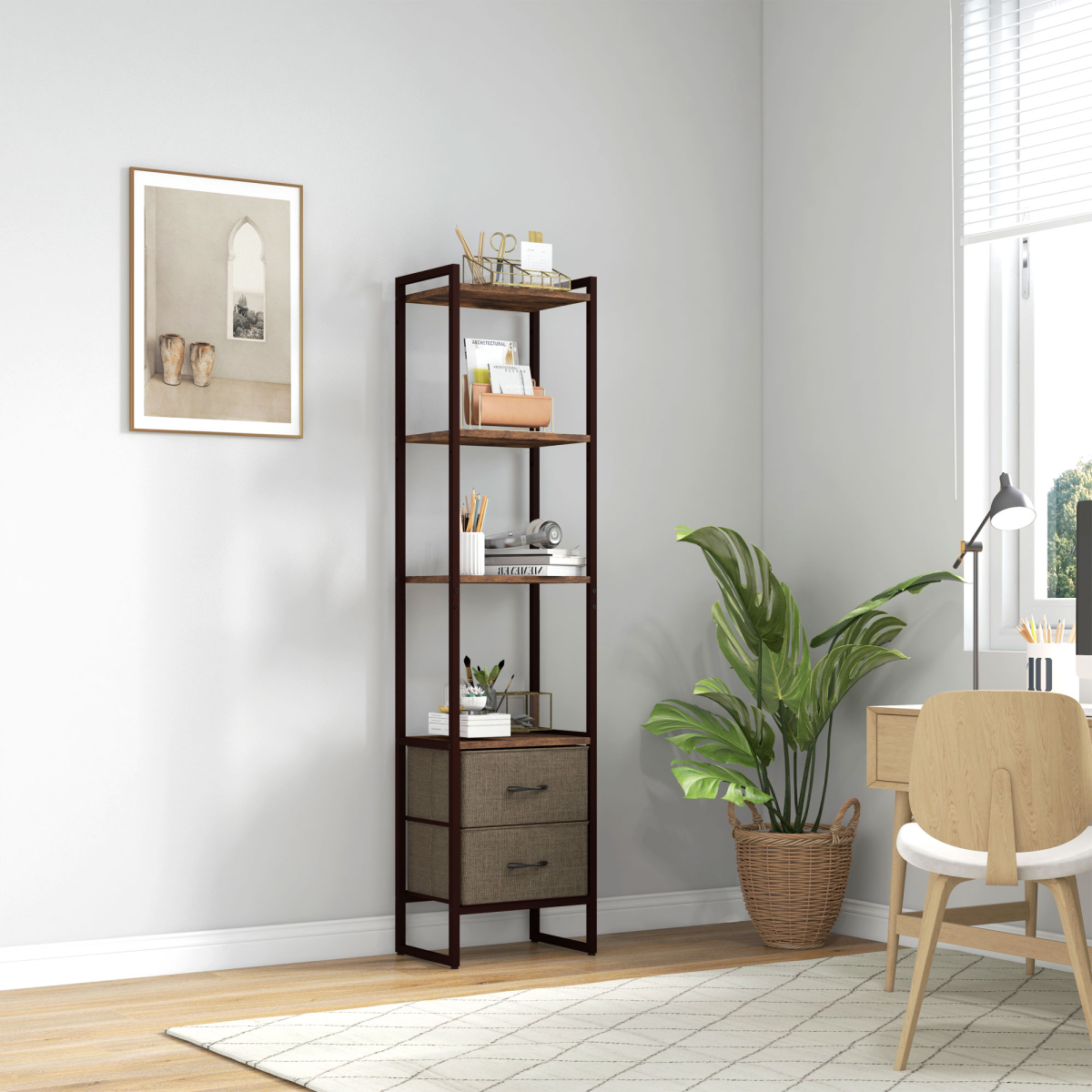 4-Tier Bookshelf with 2 Drawers – Stylish Storage for Home & Office