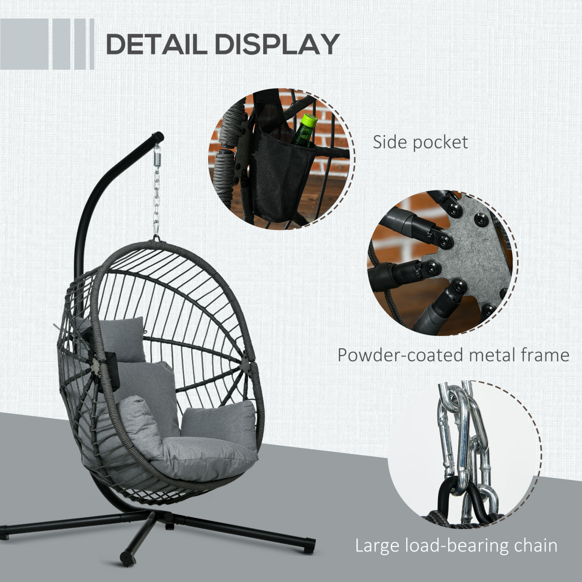 Grey Hanging Swing Chair with Thick Cushioned Seat - Patio
