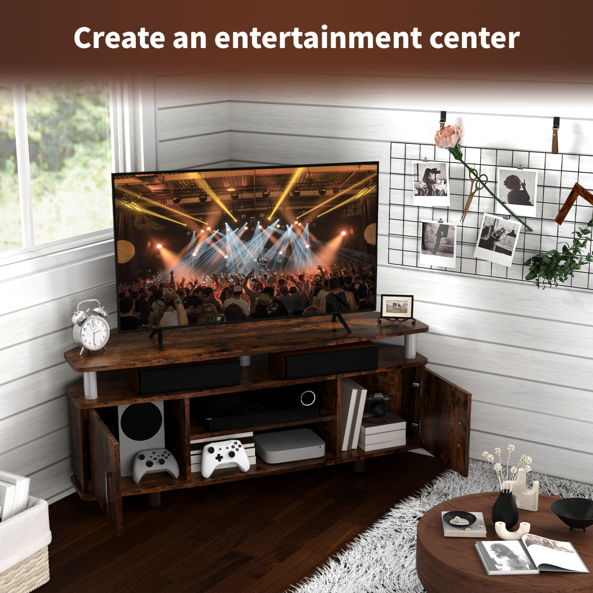 Rustic Brown TV Unit Cabinet with Storage & Shelves - Stylish & Functional!