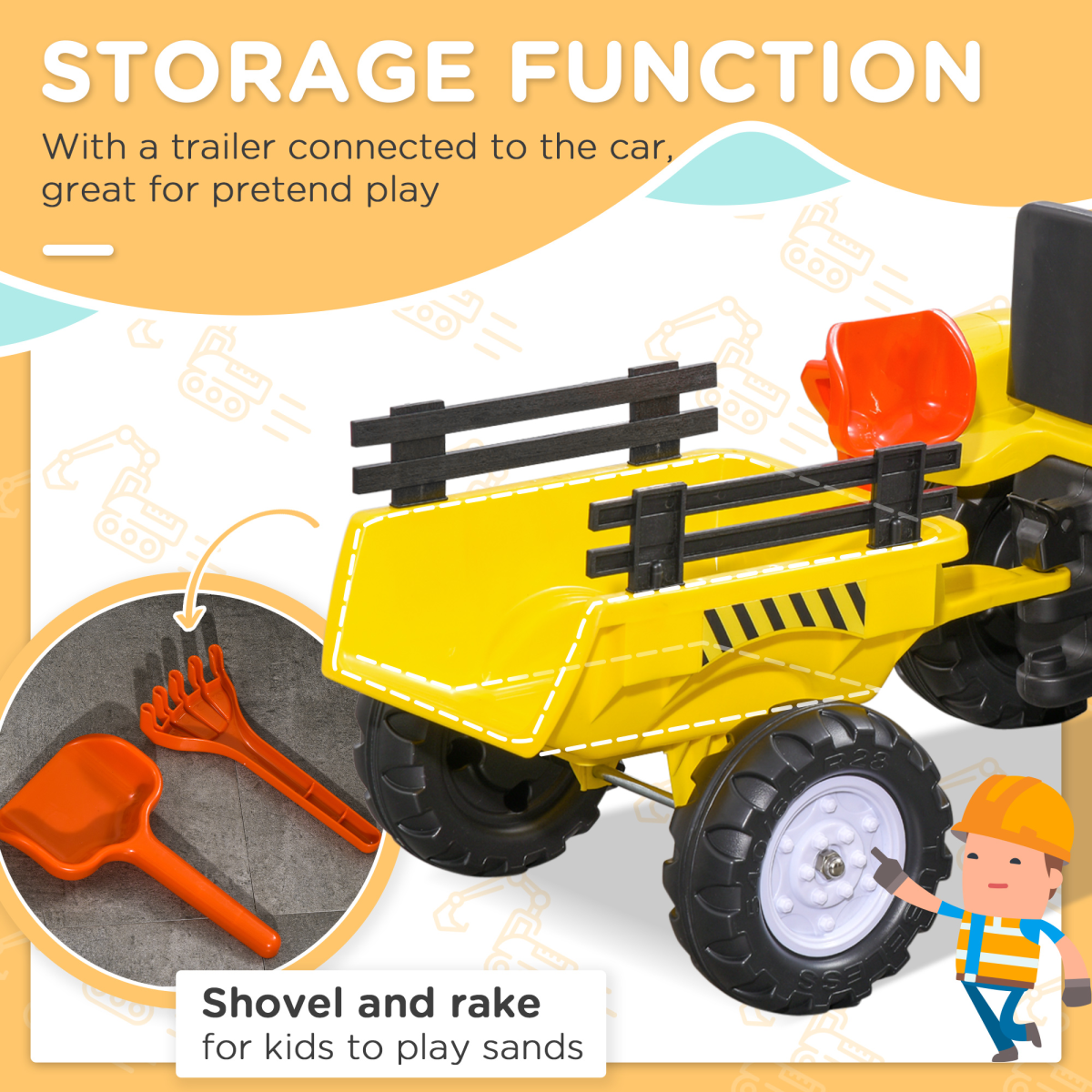 Pedal Go-Kart Tractor with Shovel & Rake, 4 Wheels