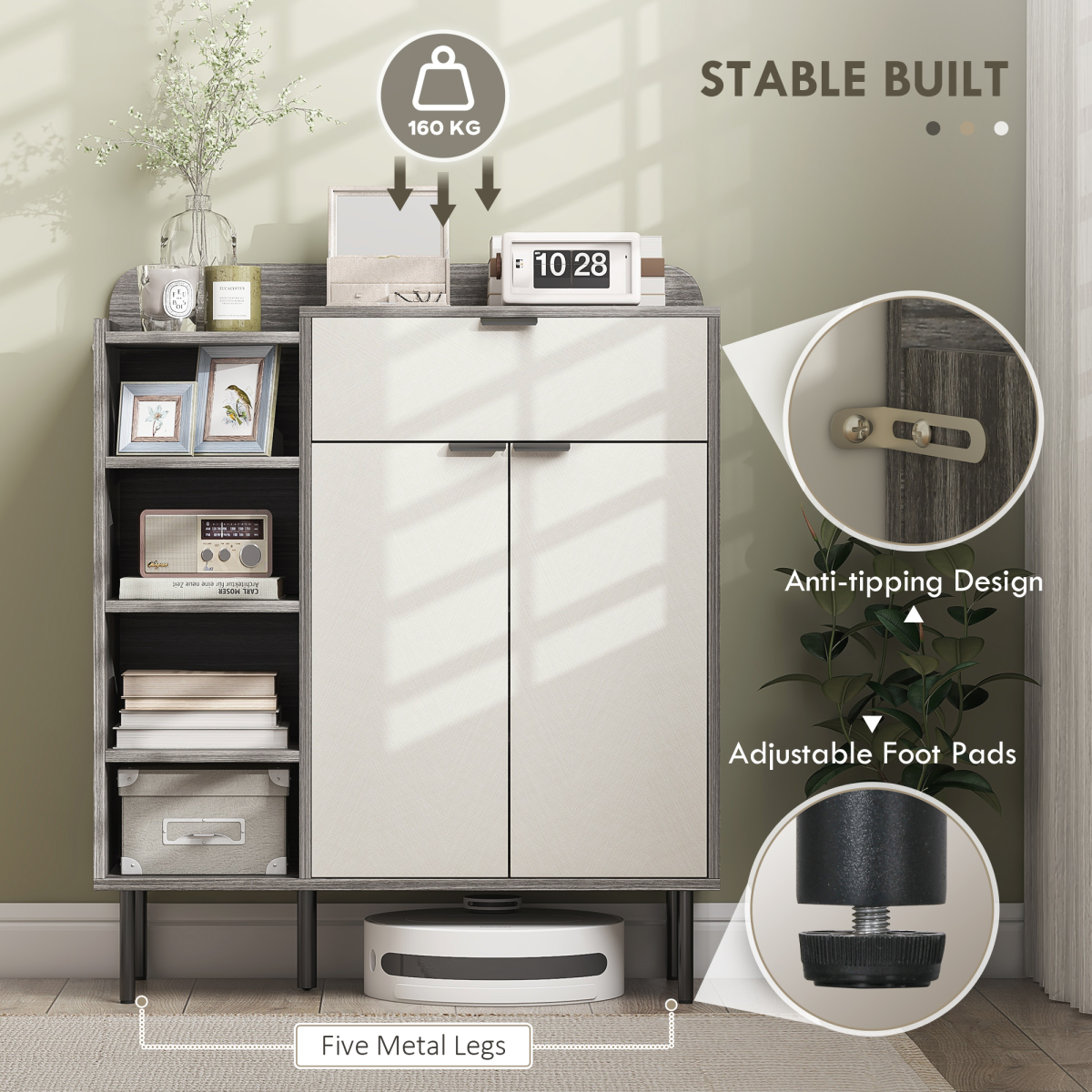 Sleek Hallway Shoe Cabinet - Stylish Grey Wood, Adjustable Shelves