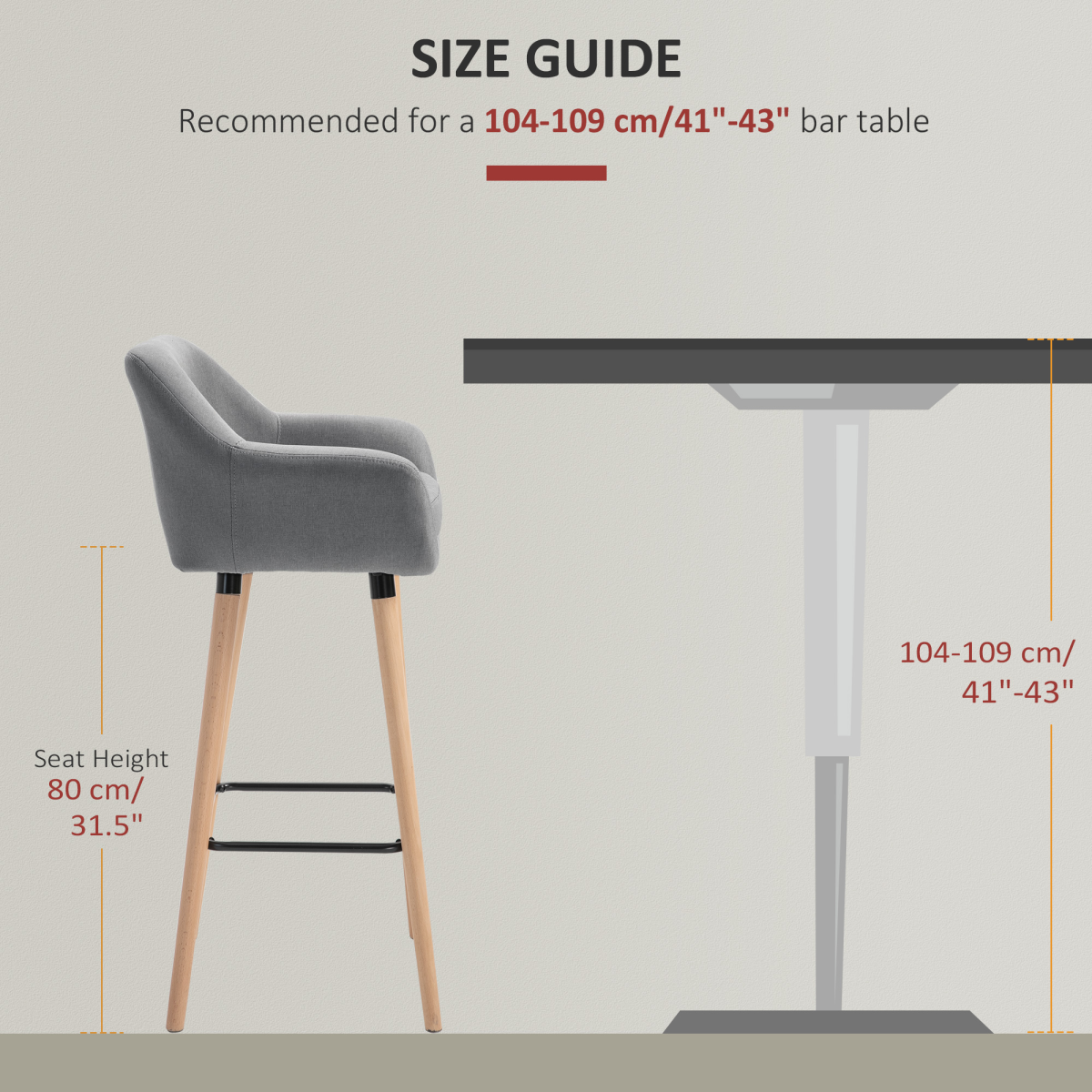 Modern Grey Upholstered Bucket Seat Bar Stools - Set of 2 with Solid Wood Legs