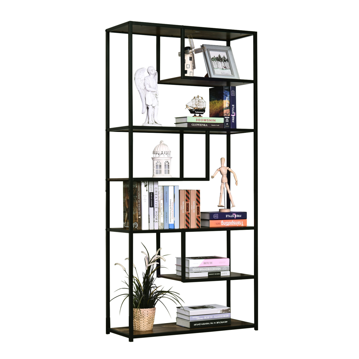 Industrial 6-Tier Wood Bookshelf - Stylish Living Room Display Rack