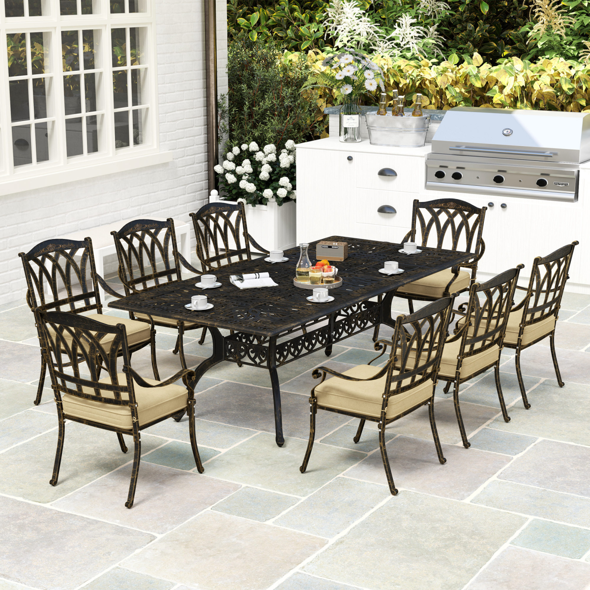 Elegant Nine-Piece Outdoor Dining Set with Cushions & Parasol Hole