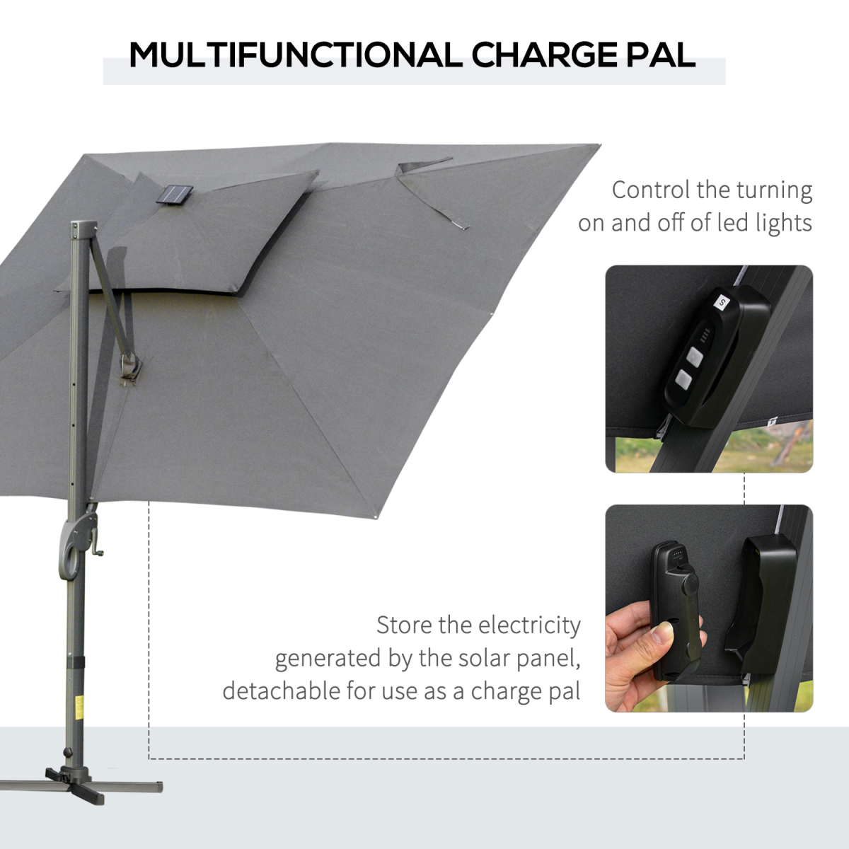 3x3m Cantilever Umbrella with Solar Power Bank & LEDs, Dark Grey