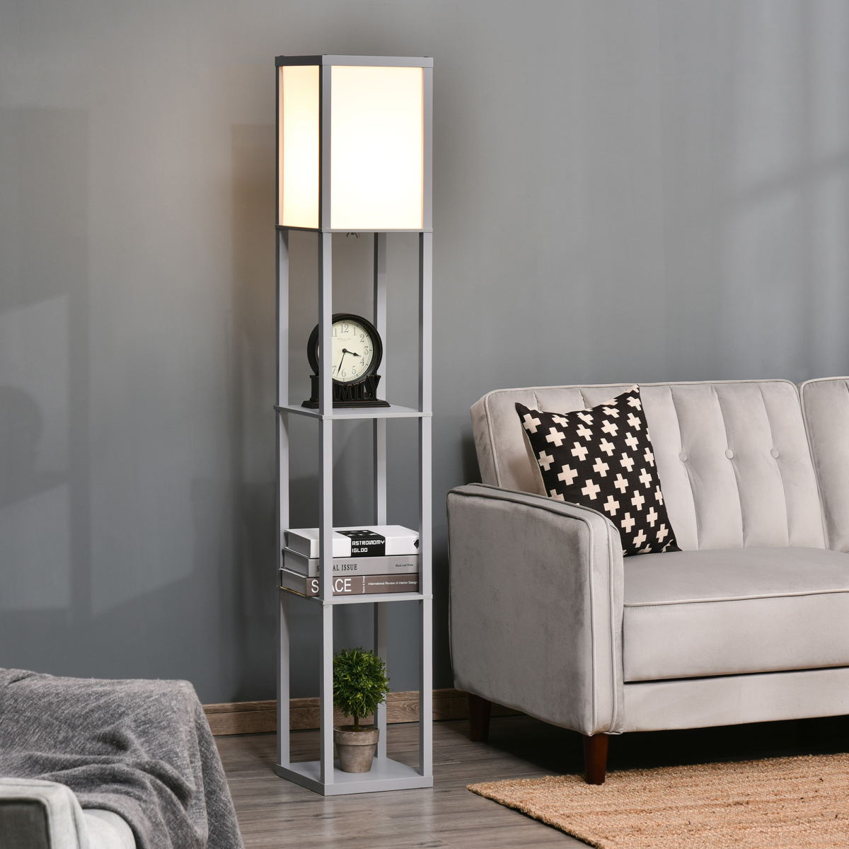 Grey 3-Tier Floor Lamp with Storage Shelves and Foot Switch