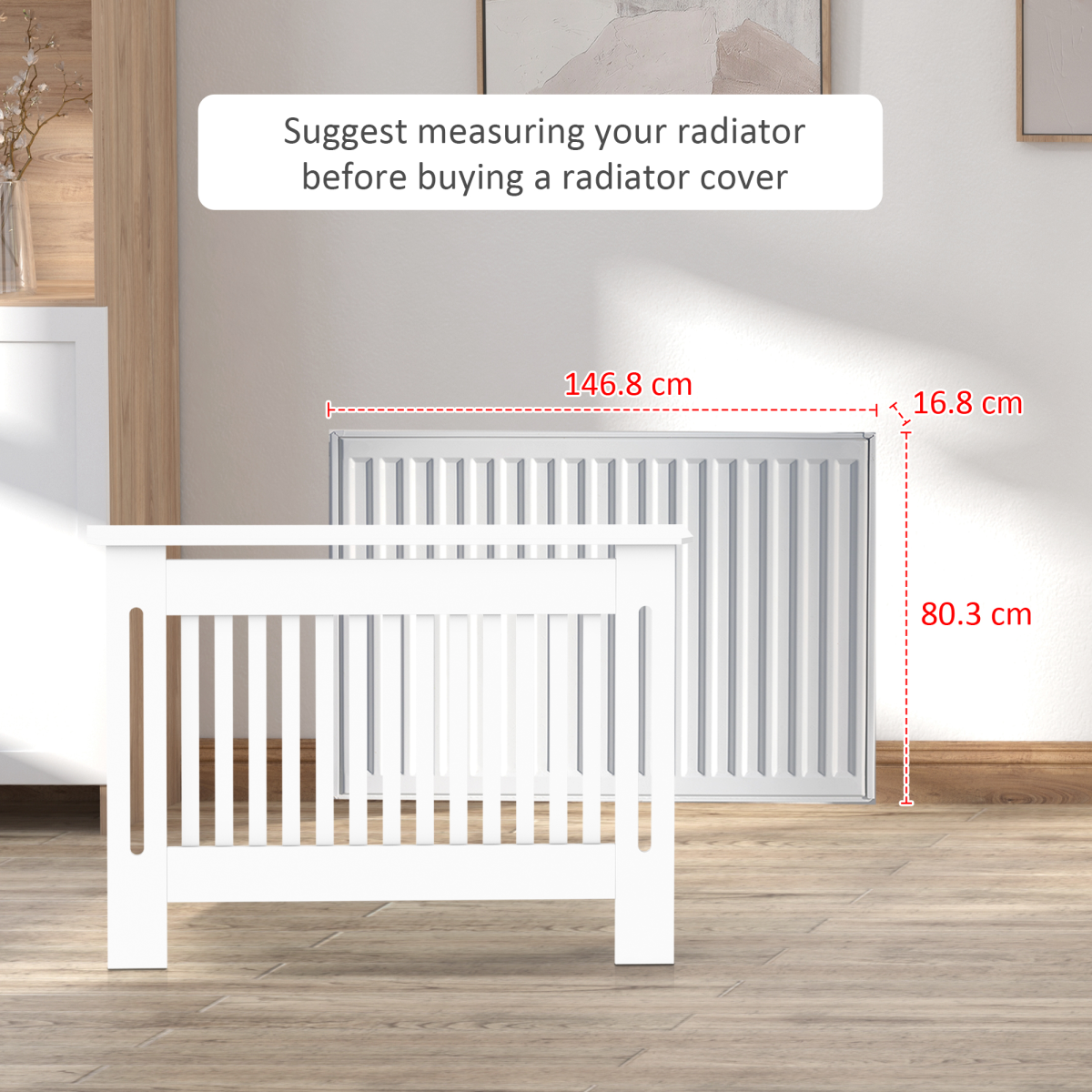 White Slatted Radiator Cover with Top Shelf, Anti-Tip MDF Cabinet 152x19x81cm