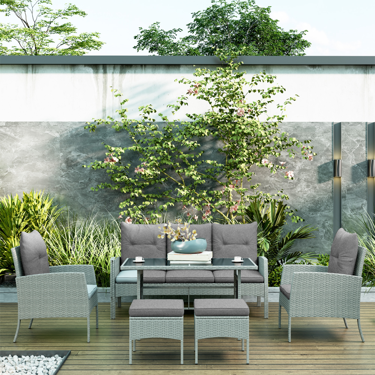 6-Piece Grey Rattan Garden Sofa Set with Glass Table