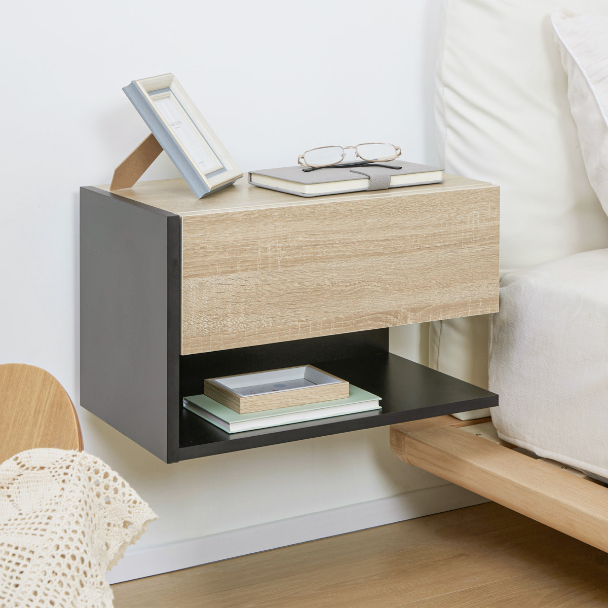 Stylish Wall-Mounted Bedside Table Set - Space-Saving with Drawer & Shelf
