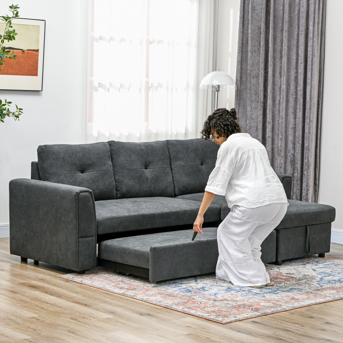 3-Seater Sofa Bed with Storage, Convertible Chaise - Dark Grey
