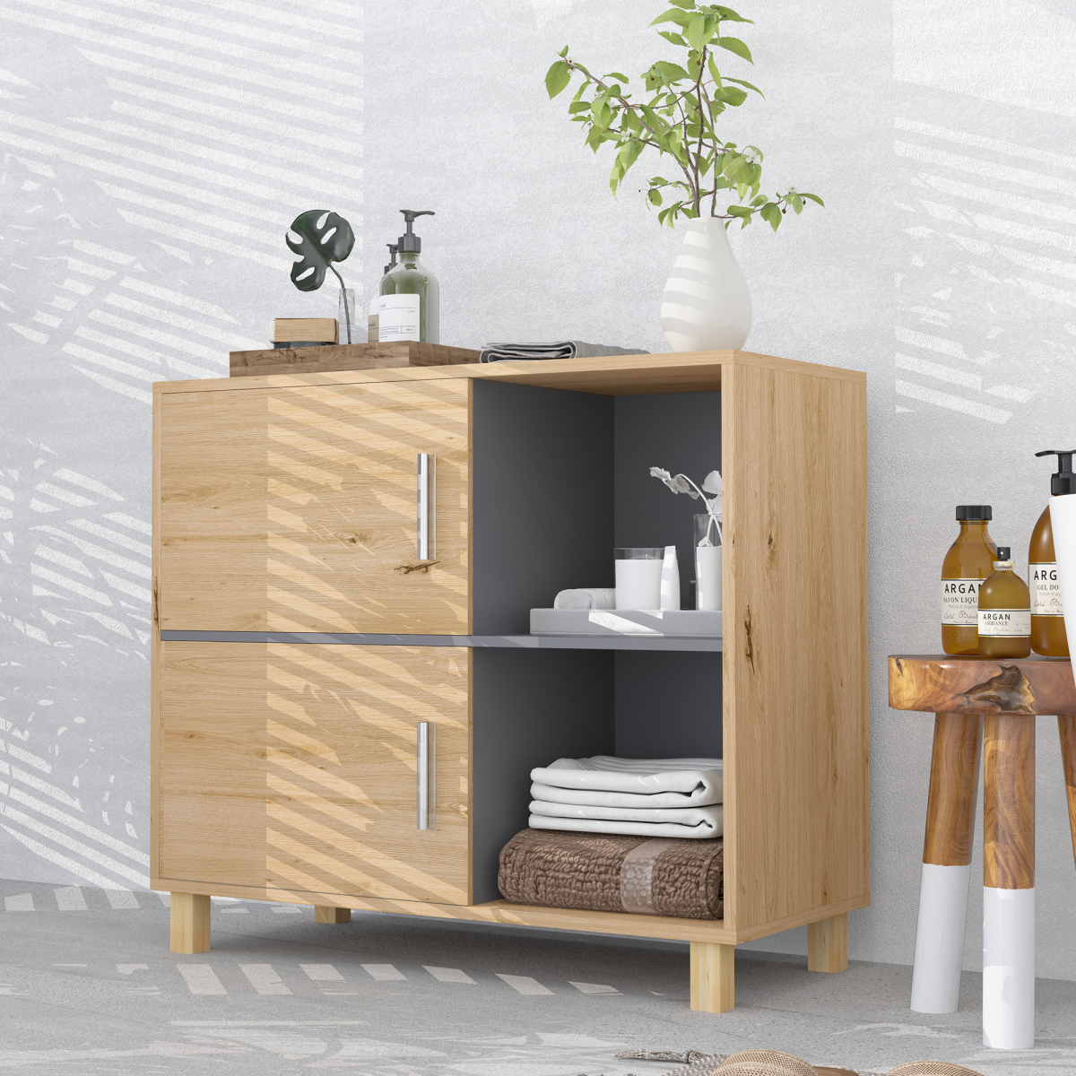 Sleek Bathroom Storage Cabinet - Stylish Dual Cupboards & Open Spaces!