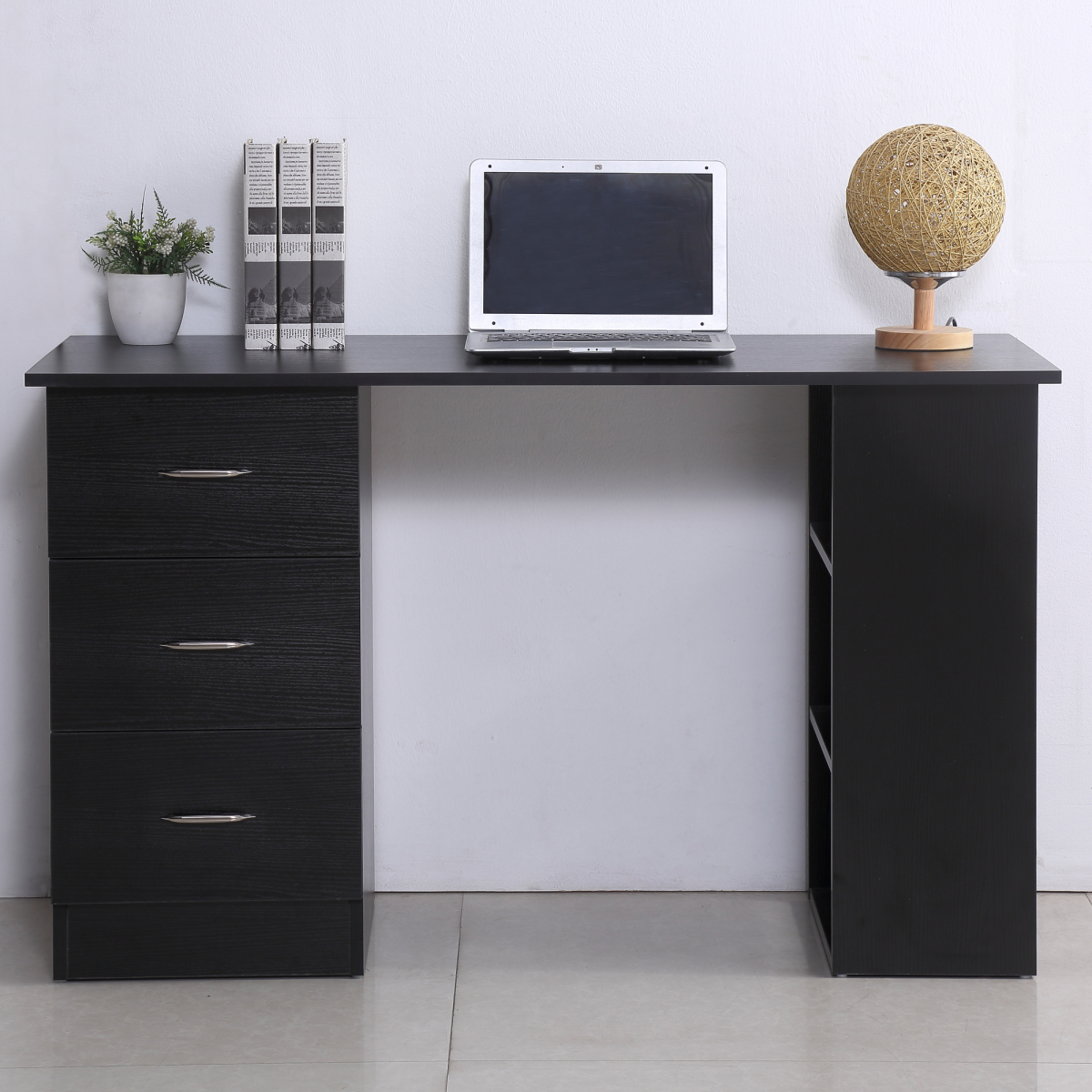 Versatile 120cm Computer Desk with 3 Shelves & Drawers - Classic Black Design