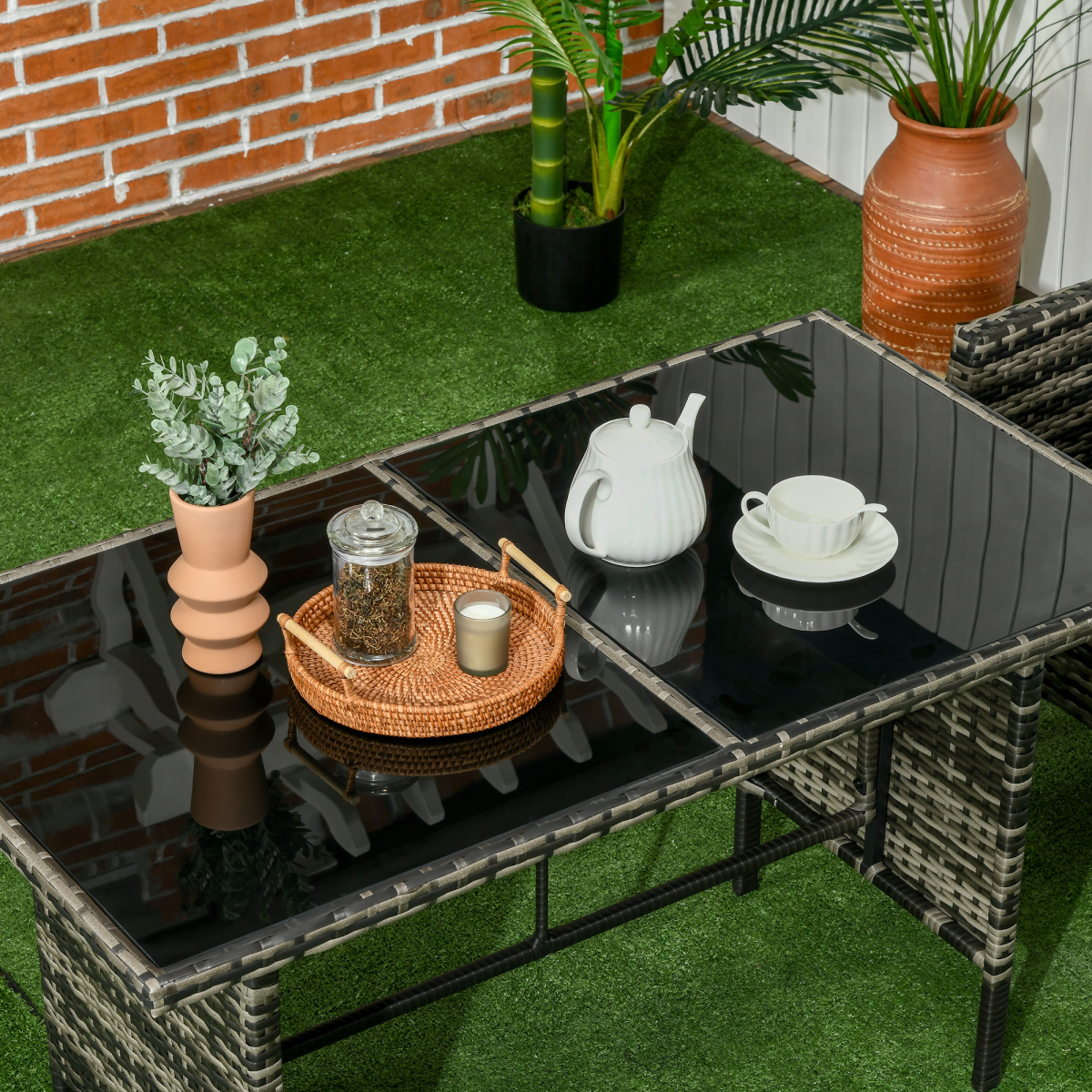 Grey Rattan 6-Piece Outdoor Sofa Set with Cushions & Glass Table