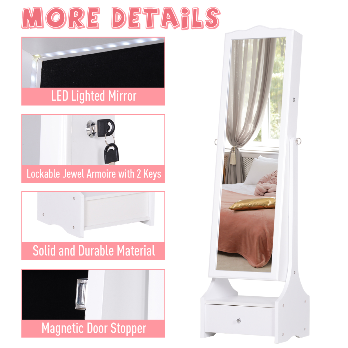 LED Illuminated Mirrored Jewelry Cabinet with Lock & Storage –  White