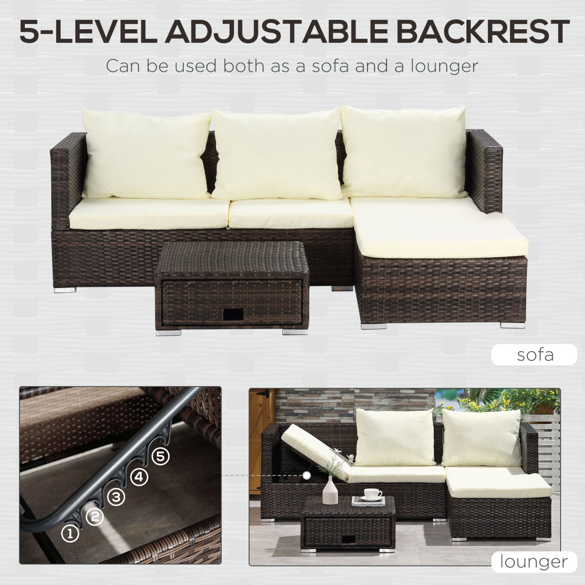 Rattan Garden Sofa Set with Storage Table 4-Seater Reclining Lounge