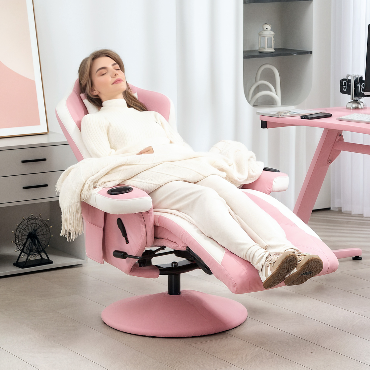 Pink PU Recliner Armchair with Footrest - 135° Recline, 360° Swivel