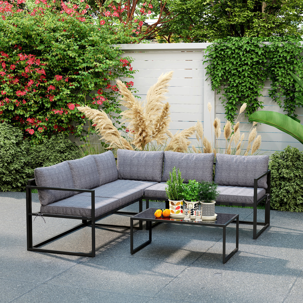 Grey 3-Piece L-Shaped Garden Furniture Set with Cushions & Glass Table