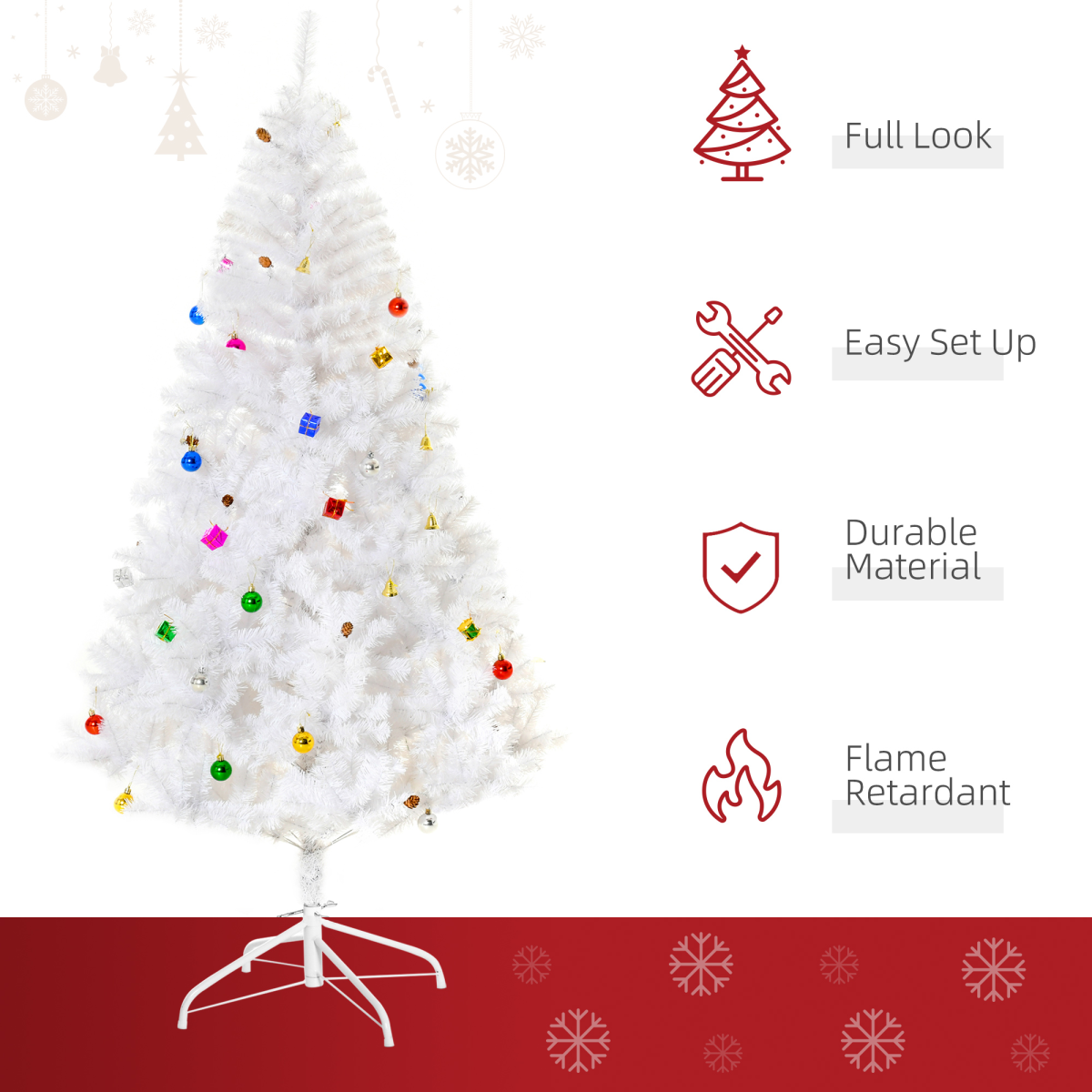 6ft Snowy Artificial Christmas Tree with Metal Stand and Colorful Ornaments
