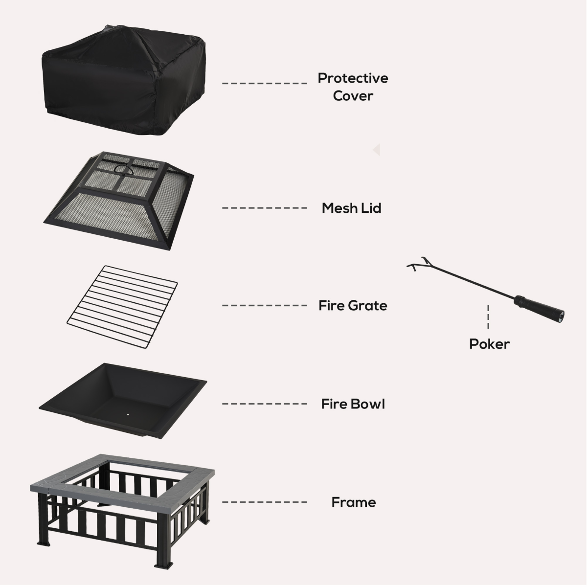 Square Fire Pit with Waterproof Mesh Cover, Faux Stone Top, Poker Tool