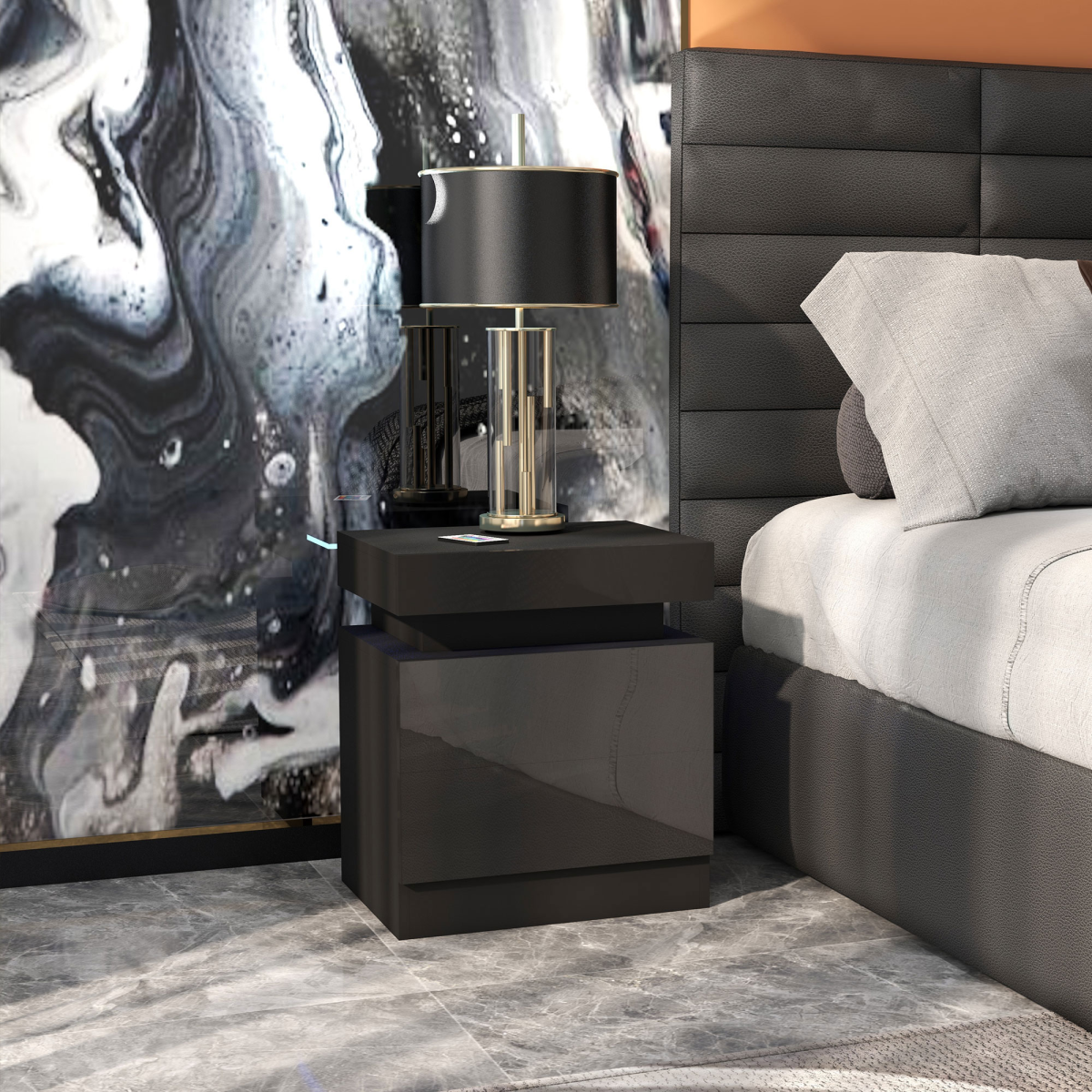Illuminate Your Space: LED Bedside Table with 2 Drawers in Black